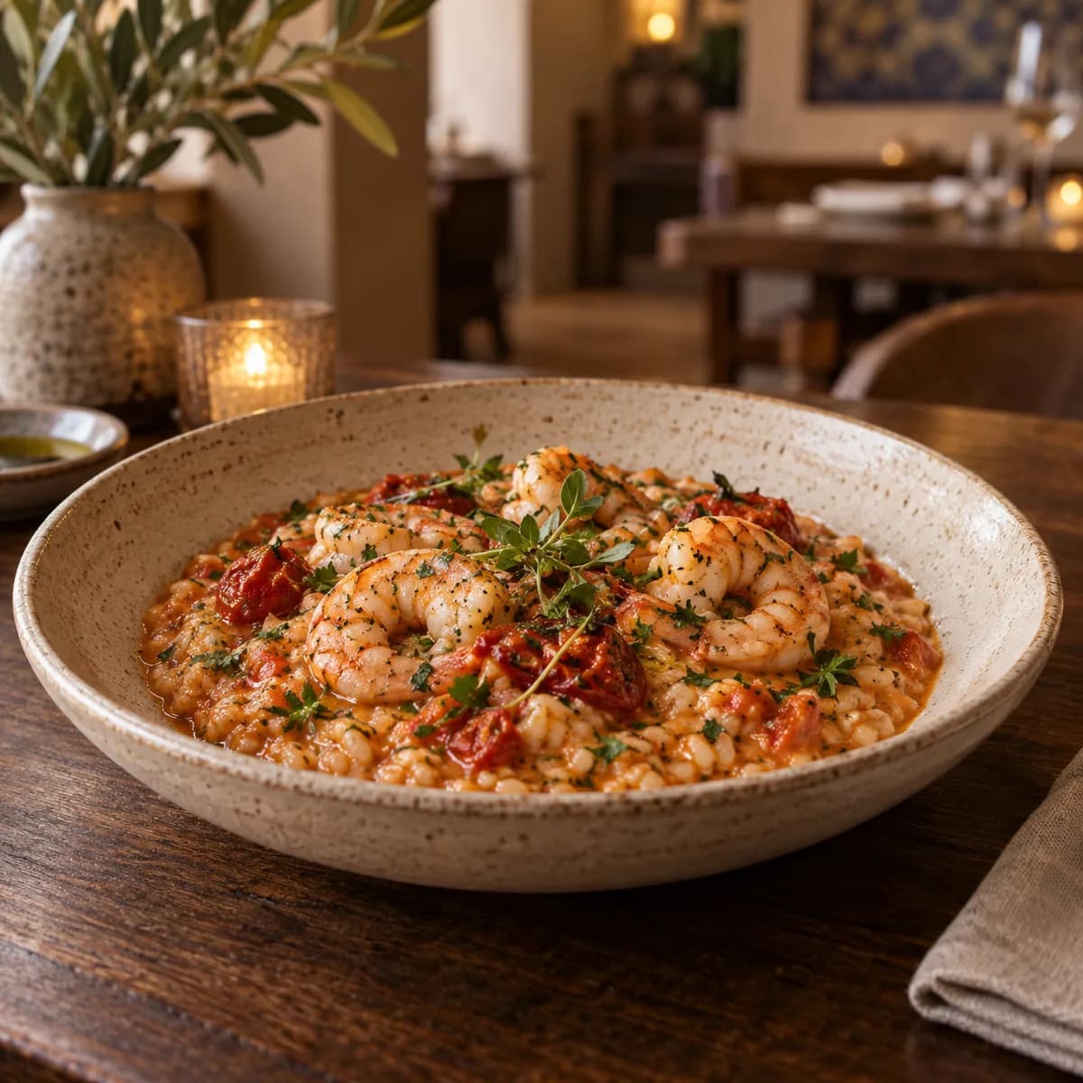 Arroz cremoso de camarão e tomate assado do restaurante demo