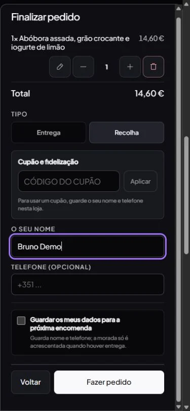 Checkout de recolha — resumo de um pedido de recolha antes de enviar. Maré de Cedro · restaurante fictício de demonstração