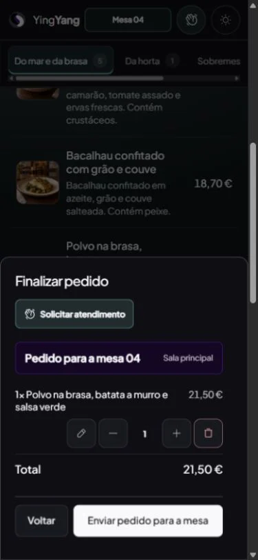 Checkout da Mesa 04 — resumo do pedido da Mesa 04 com Polvo na brasa antes de enviar