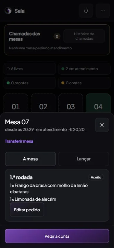 Pedido do garçom — ronda da Mesa 07 com Frango da brasa e Limonada de alecrim